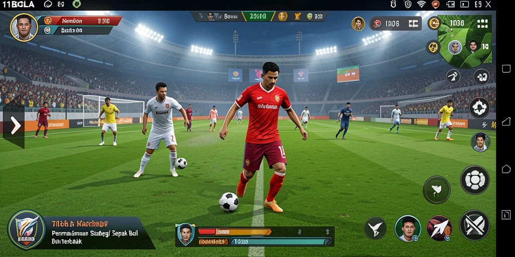 Tangkapan layar utama 11BOLA menampilkan aksi strategi pertandingan sepak bola.