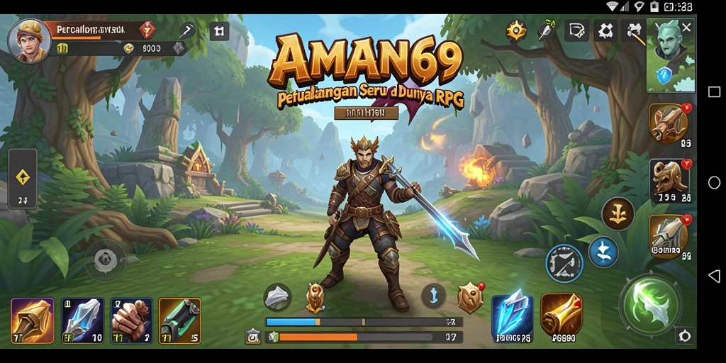 Screenshot utama gameplay AMAN69 menampilkan pertempuran epik dalam dunia RPG.