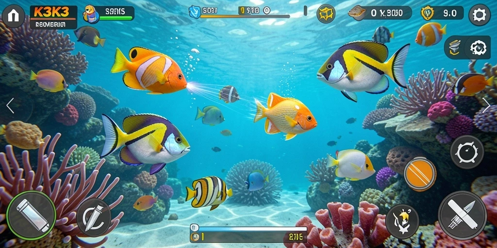 Tampilan gameplay K3K3 dengan aksi menembak ikan yang seru.