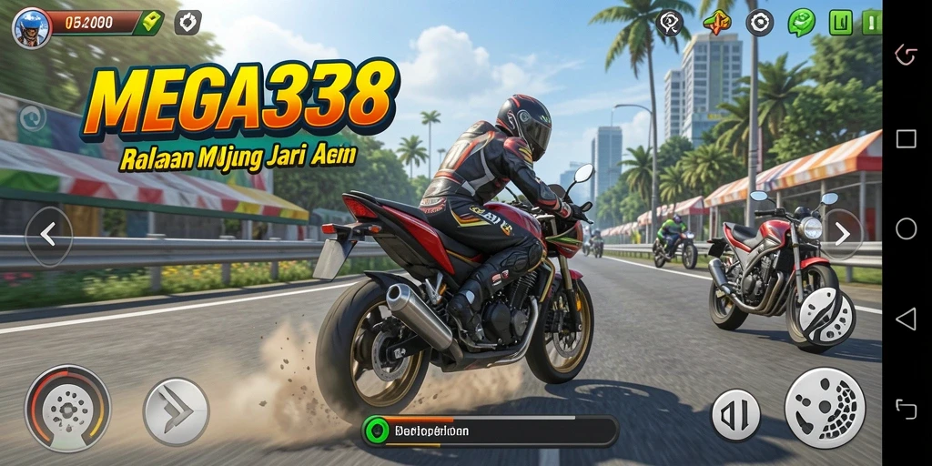 Gameplay seru dan mendebarkan di MEGA338 saat balapan motor.