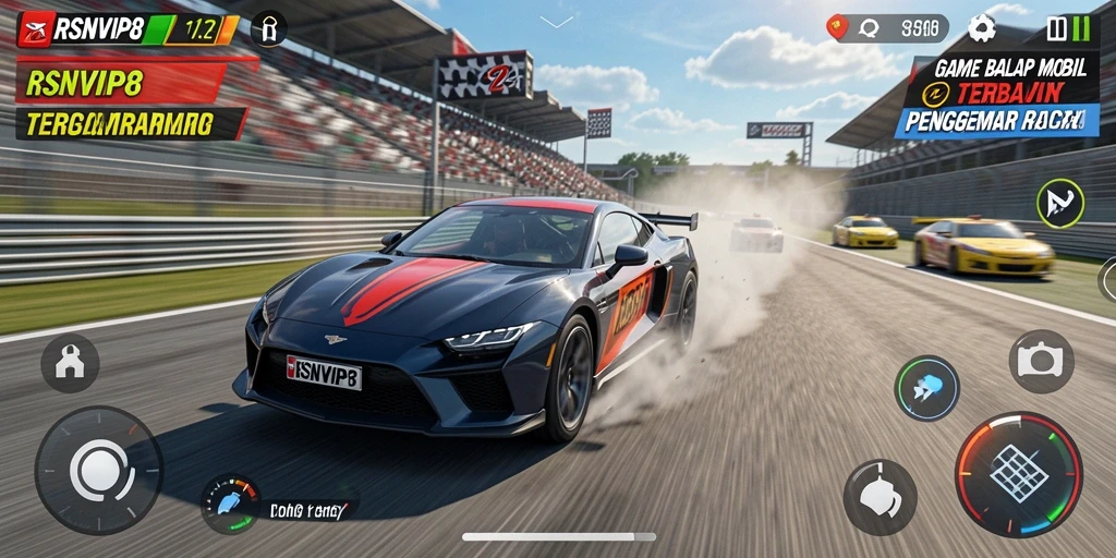 Tampilan gameplay RSNVIP8 dengan balapan yang mendebarkan dan mobil balap super.