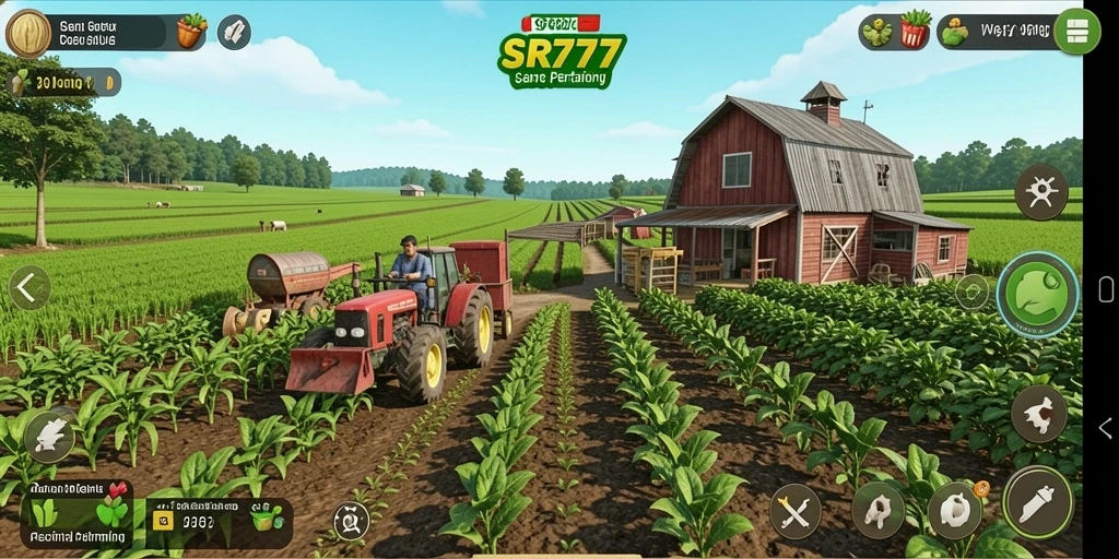 Tangkapan layar gameplay SR777 yang menampilkan aktivitas bertani.